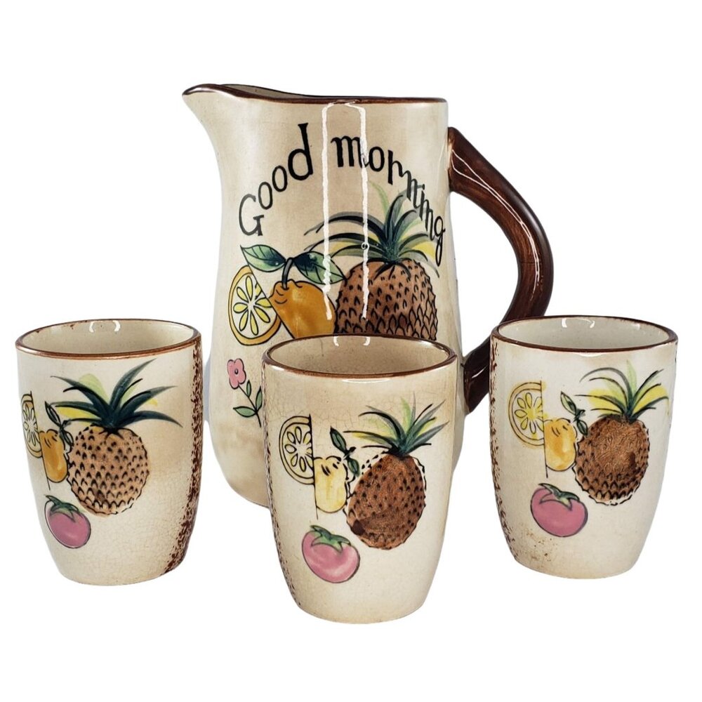 Vintage Mid Century Modern Juice Pitcher Cups Set MCM Pineapple Retro